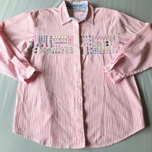 Koret Womens L Pink Stripe Embroidered Long Sleeve Button down Shirt cottagecore